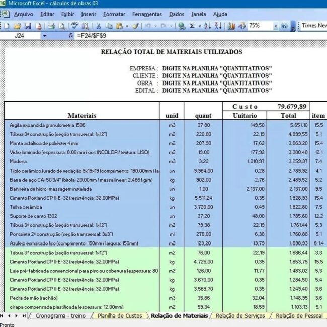Planilha Para Cálculo De Materiais De Construção