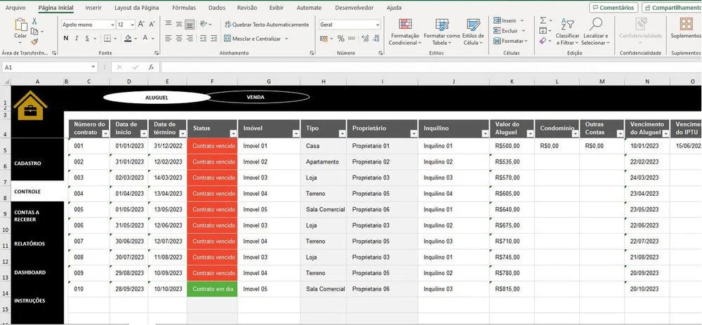Planilha de Controle Aluguel Imóveis Ou Imobiliária Completo