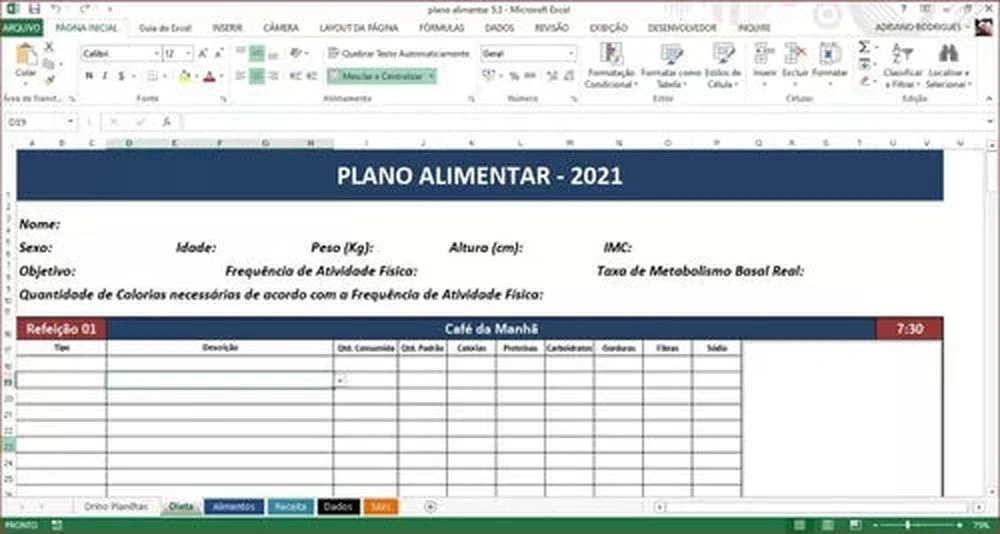 Planilha Plano Alimentar Dieta e Regime