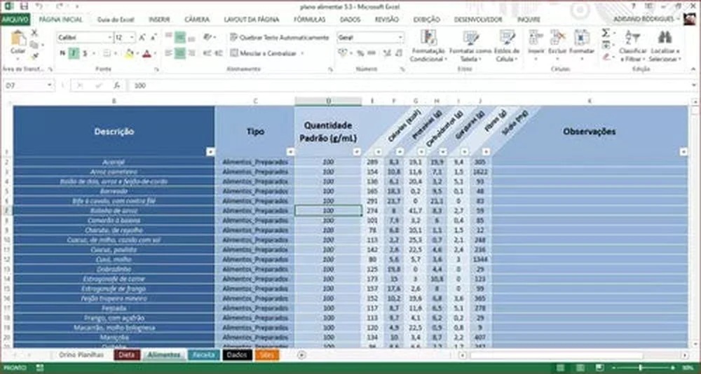 Planilha Plano Alimentar Dieta e Regime