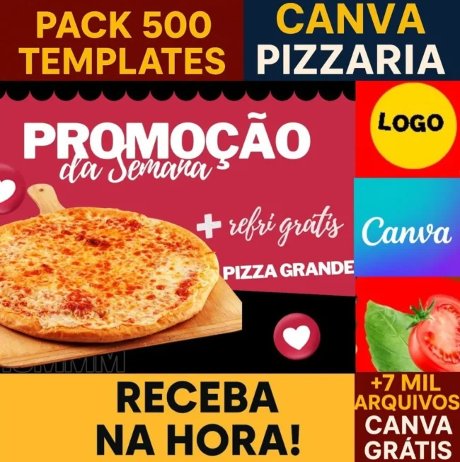 Mega Pack 500 Pizzaria Canva + 7 Mil Arquivos Canva Bônus